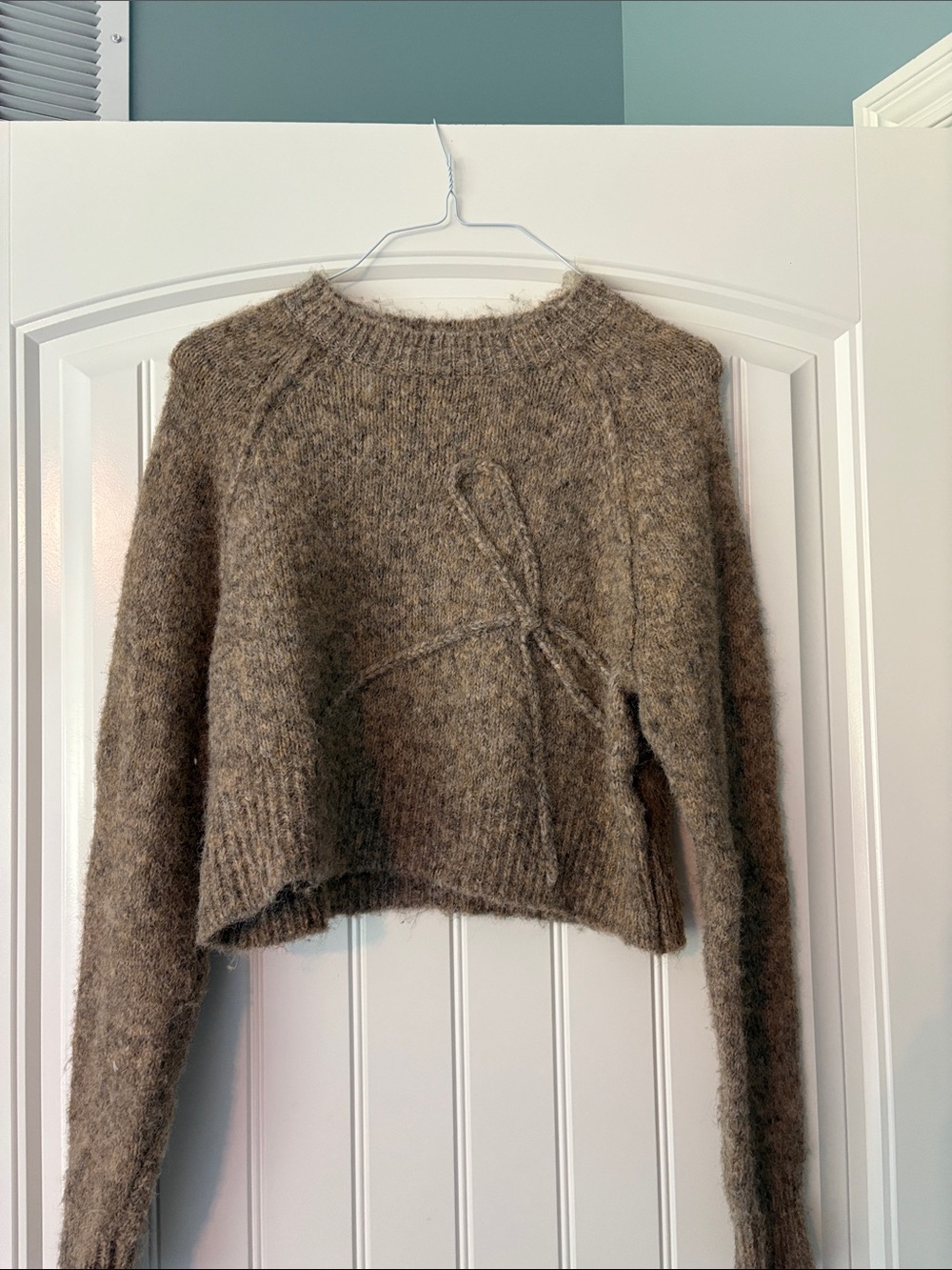 Women's Taupe Fuzzy Crewneck Sweater with Tie Detail American Eagle Sz S